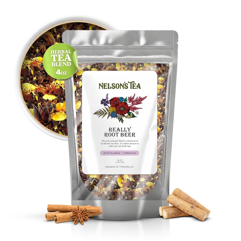 Nelson's Tea Really Root Beer - Cut & Sifted Sarsaparilla Root Tea Loose Leaf - Caffeine Free, Classic Herbal Blend with Burdock, Birch Bark, Dandelion, Licorice, Ginger and More (4 oz)