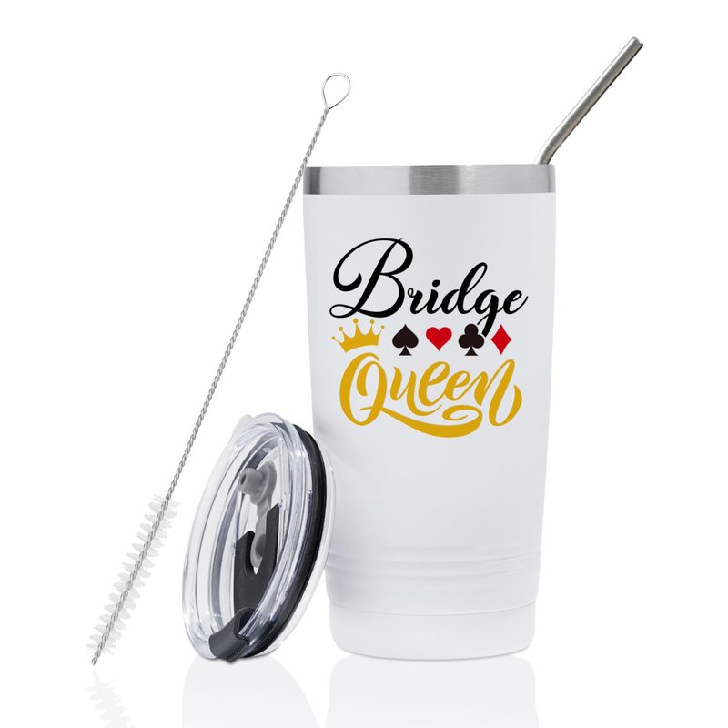 Onebttl Bridge Players Gifts for Women, 20oz/590ml Double Wall Vacuum Insulated Stainless Steel Tumblers Cups - Bridge Queen, White