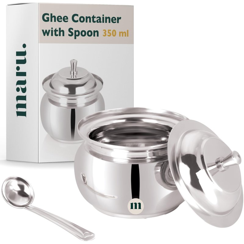 MARU Stainless Steel Sugar Bowl with Lid and Spoon - 1 piece 10.2 oz / 300ml, Hammered Design Steel Ghee Pot, Oil container, Ideal to store sugar, sauces, vinegar, oil, ghee