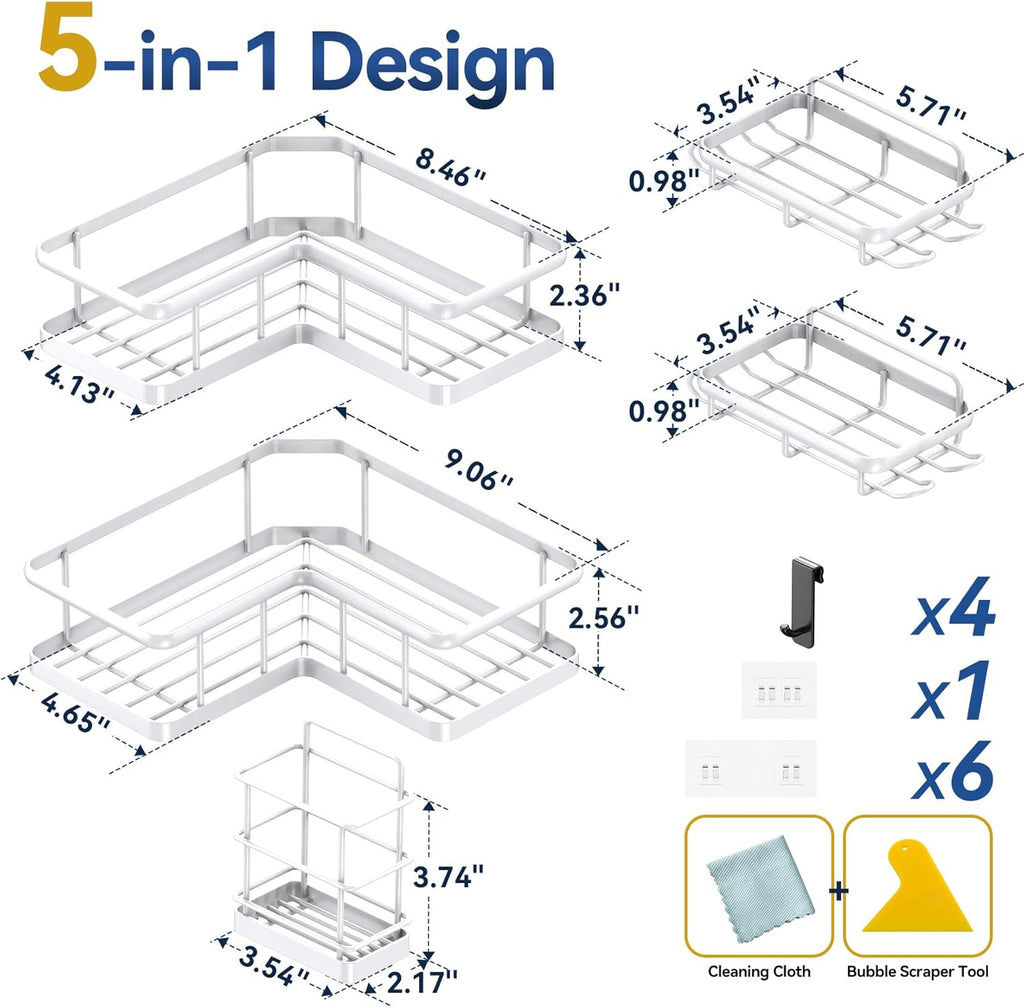 YASONIC Corner Shower Caddy - 5-Pack Rustproof Stainless Steel Organizer with Soap Holder | No Drilling, White