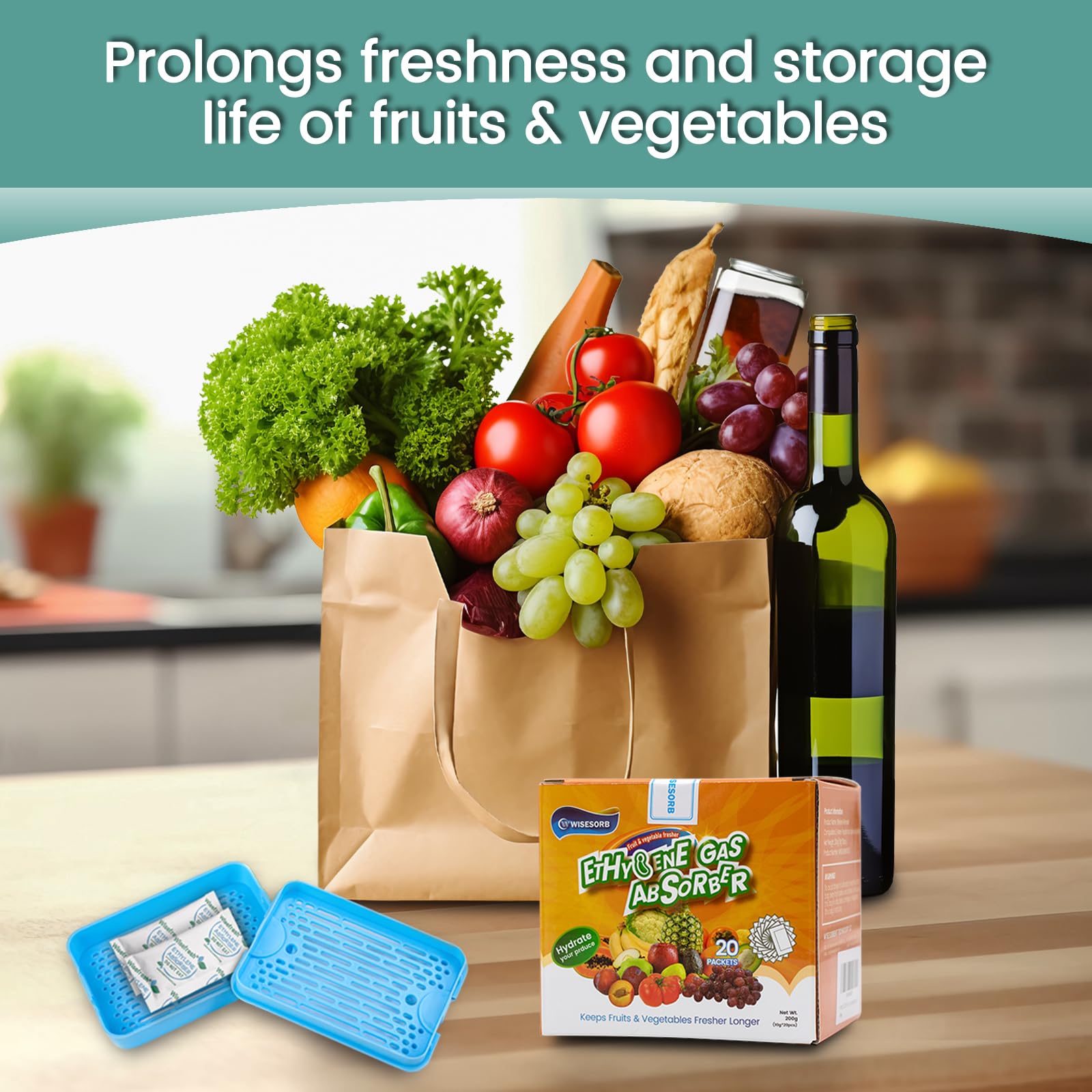 Wisesorb 20PCS 10 Gram Ethylene Gas Absorber Packet, Vegetable & Fruit Fresh Produce Protector,Fresh Fruit Preserver, Vegetable Saver,Food Saver,Ethylene Gas Absorber for The Fridge