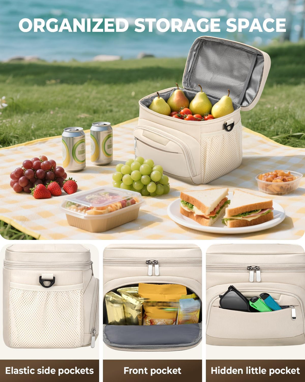 Skiennix Insulated Lunch Box - Leakproof Soft Cooler Tote Bag with Adjustable Strap | Beige, 12-Can (8L)