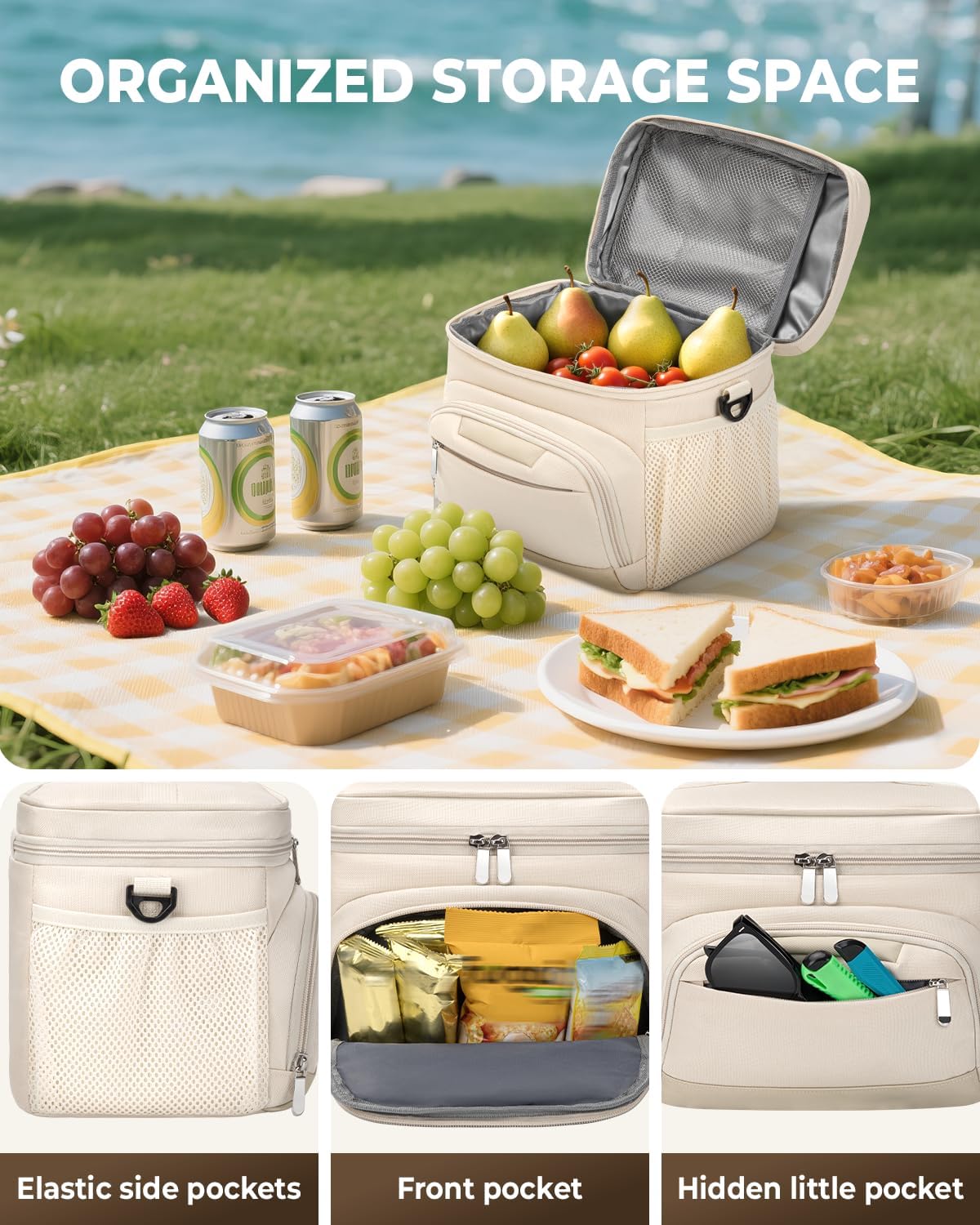 Skiennix Insulated Lunch Box - Leakproof Soft Cooler Tote Bag with Adjustable Strap | Beige, 12-Can (8L)
