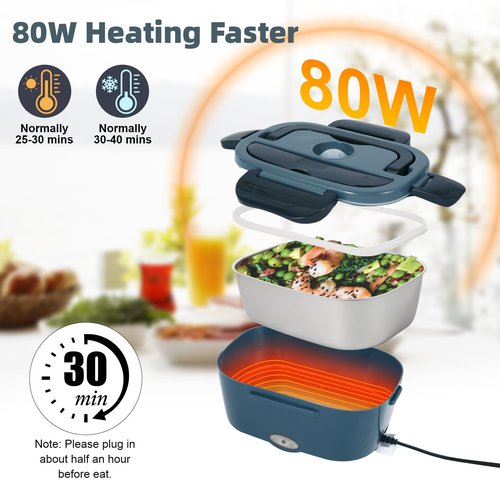 SOHIDA Electric Lunch Box, 12V/24V/110V Portable Food Warmer with SS Fork & Spoon for Car/Truck/Office, 80W Self Heating Lunch Box with 1.5L 304 Stainless Steel Container & 0.45L PP Fruit Box Black