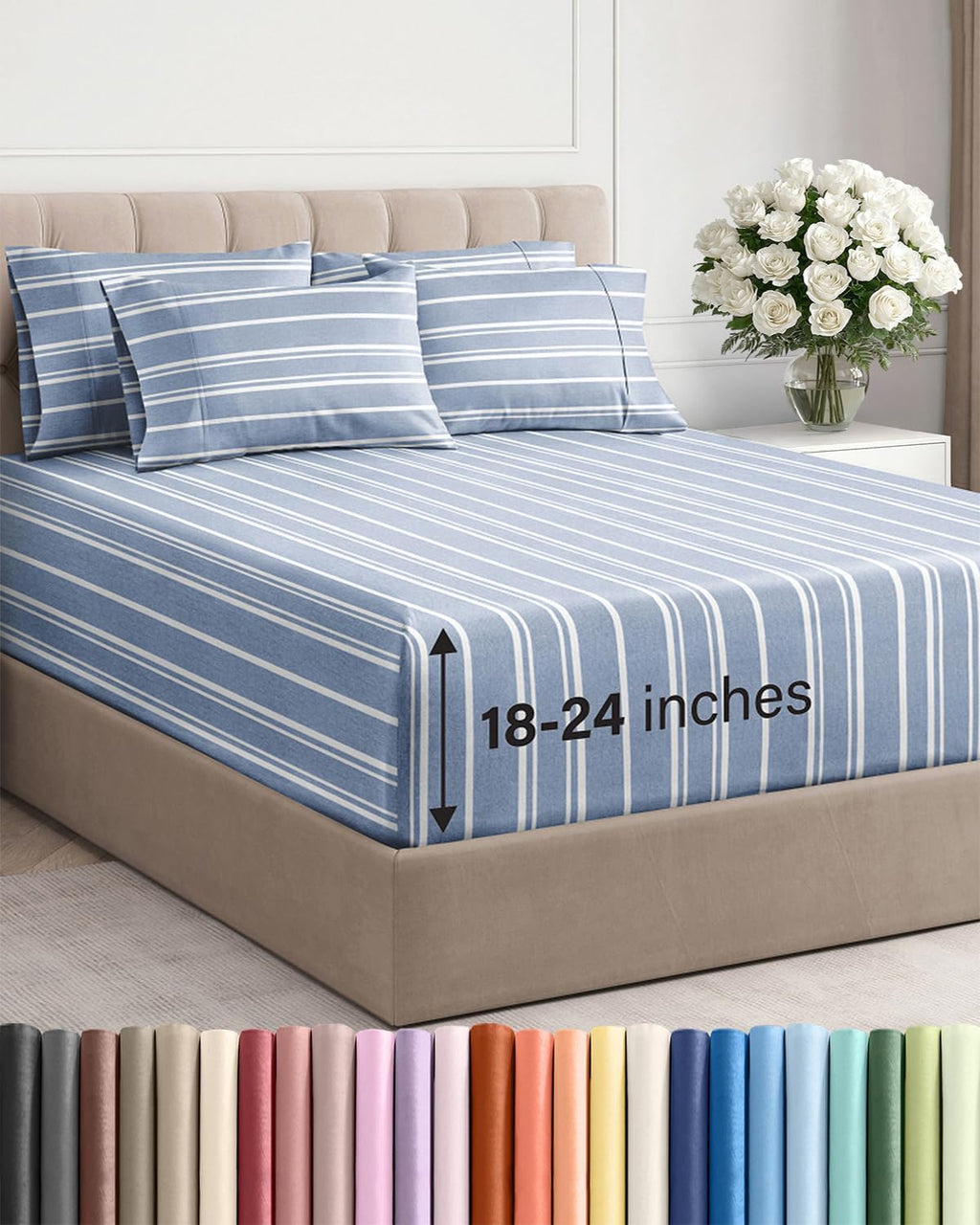 Skiennix Extra Deep Cal King Sheet Set - 6-Piece Breathable Cooling Bedding - Soft Wrinkle-Free Blue Stripes