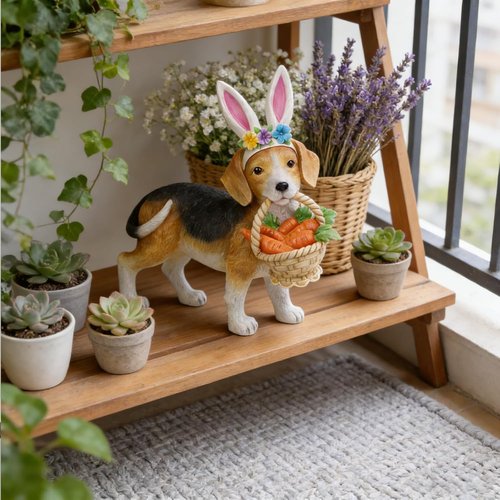 Cynkeyee Dog Garden Statue - Adorable Beagle with Bunny Ears & Carrot Basket | 11.5"x4"x10.5" Indoor/Outdoor Decor