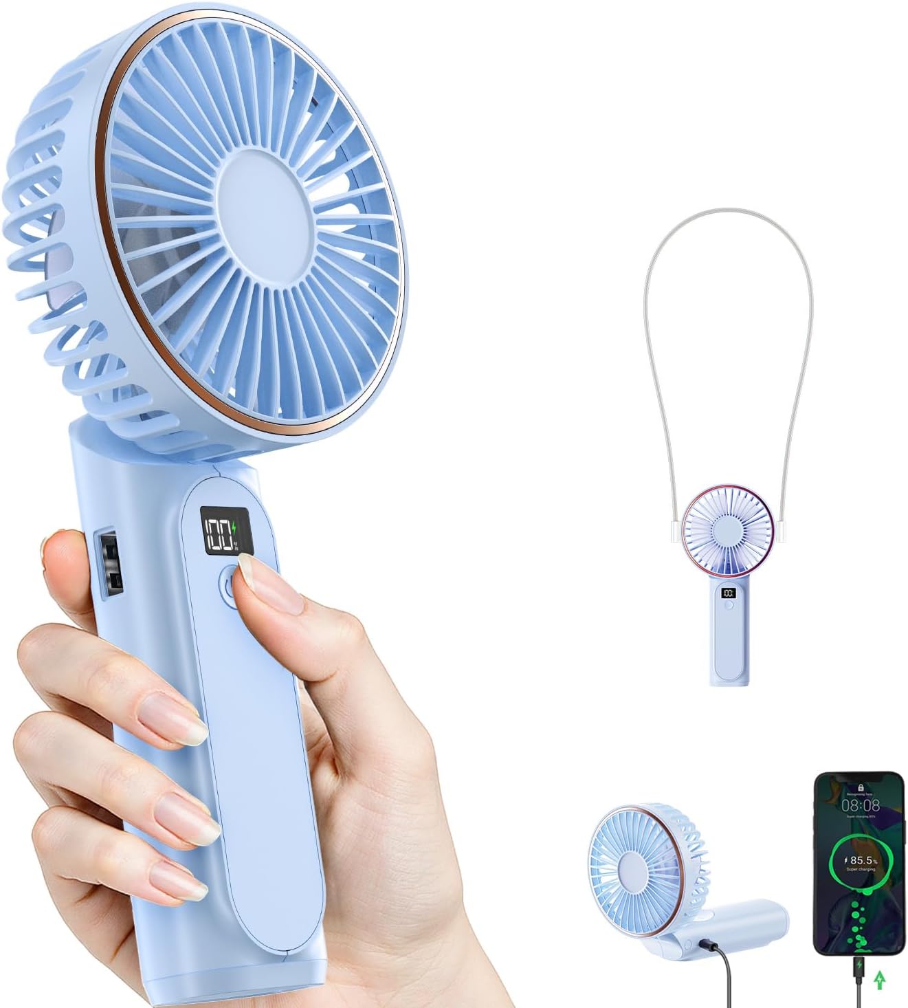 TUNISE Portable Handheld Fan - Rechargeable 4000mAh Battery | 180° Adjustable, 6 Speed, USB Foldable Design