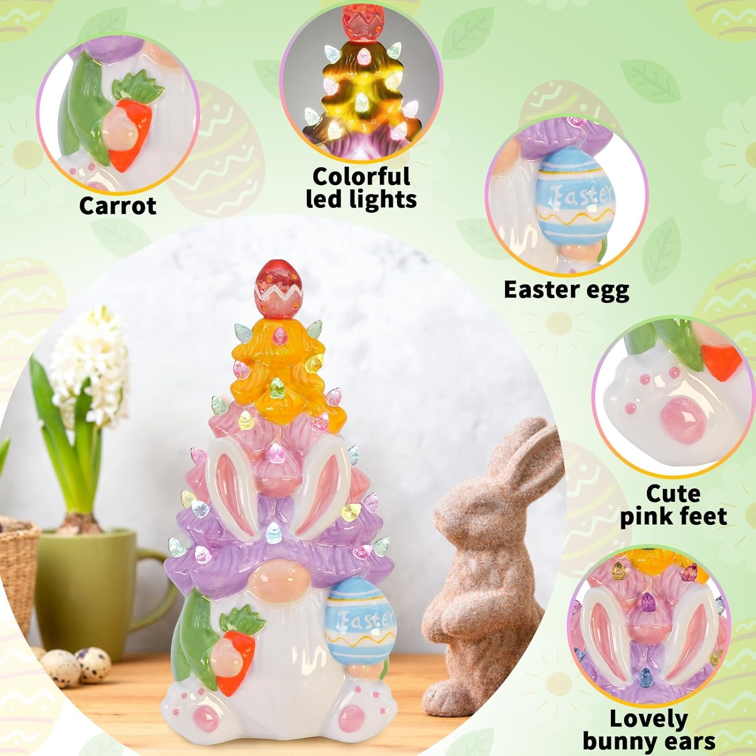 Timer Easter Decorations - Light Up Bunny & Gnome Ceramic Tree Decor | Spring Centerpieces