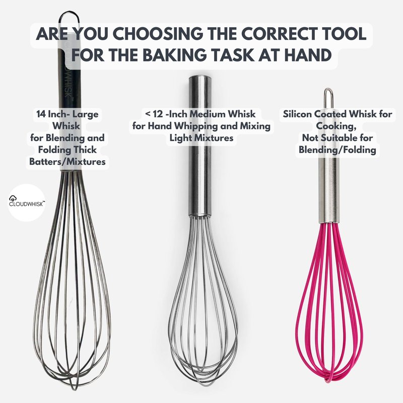 CLOUDWHISK™ 14-Inch Professional Balloon Large Stainless Steel Metal Cake Whisk. Specially designed for Folding and Blending Cake Batters to Achieve Fluffier Cakes