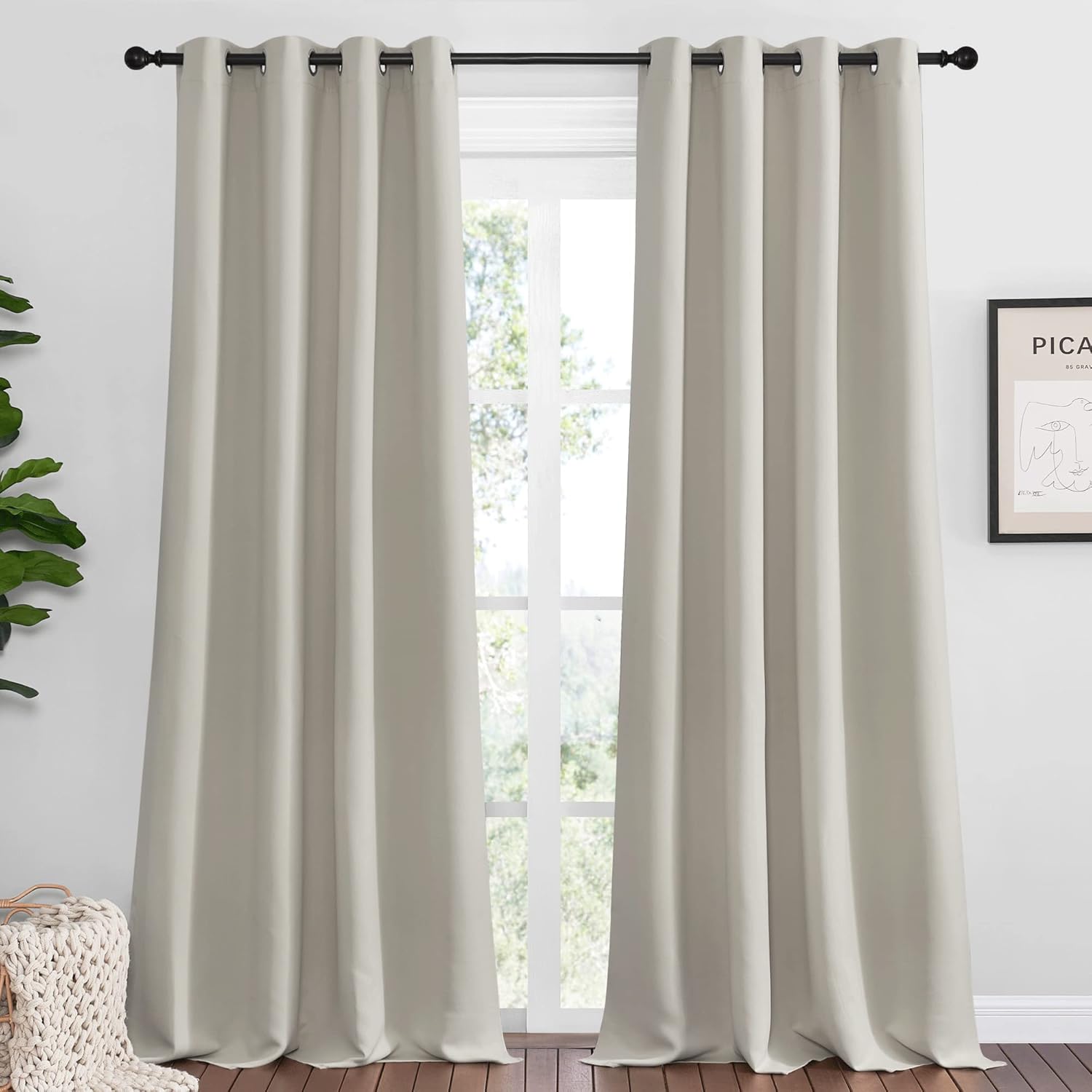 NICETOWN Natural Room Darkening Curtains - 102" Long, 55" Wide, Set of 2 | Boho Farmhouse Style for Total Privacy
