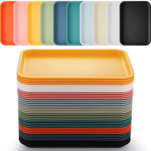 Maxdot 40 Pcs Cafeteria Trays, 9" x 12" Plastic Fast Food Serving Tray, Rectangular Stackable Standard Cafeteria Trays Serving Platter for School Kitchen Party Dining Restaurant Grill (Colored)