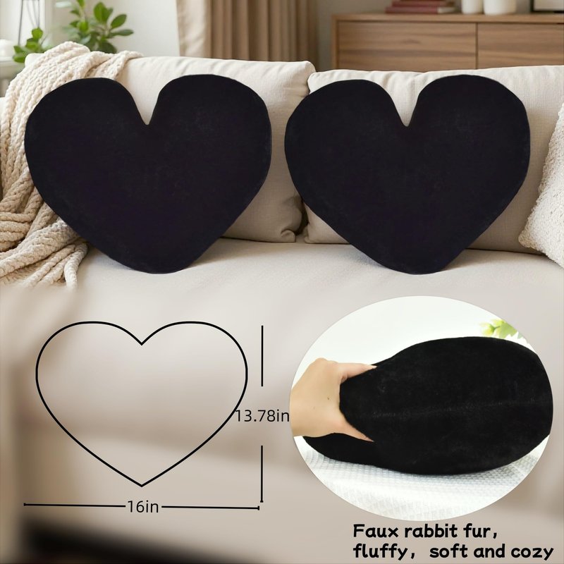 JZNEXD 2 Pcs Black Heart Pillow Decorative Throw Pillows 16-inch Cute Soft Fluffy Heart Shaped Pillows for Bed Couch Sofa Bedroom Living Room Decor Aesthetic (Black, 16"x13.78")