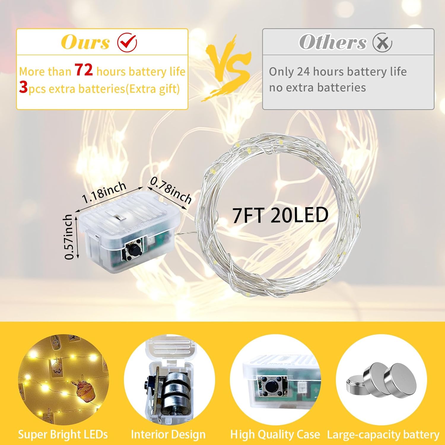 Skiennix 20 LED Fairy Lights - 7Ft Twinkle String Lights, Battery Operated & Waterproof | Yellow for Parties & Weddings