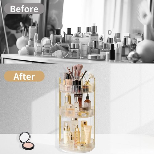 Asayuee 360° Rotating Makeup Organizer - Large 3-Tier Storage for Cosmetics & Skincare | Clear