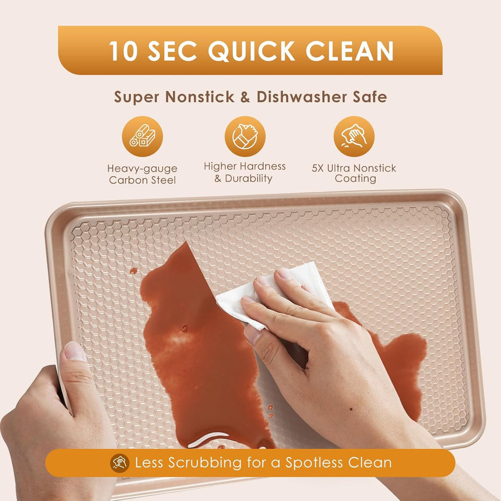 Skiennix Baking Sheet Pan Set - Nonstick Carbon Steel Cookie Sheets | Heavy Duty Rose Gold, Easy Clean