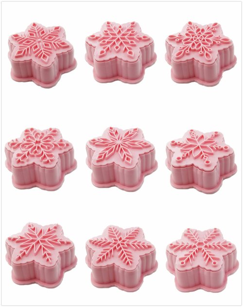 9 Patterns of 3D Snowflake Cookie Stamps Set, Food Grade Plastic 6 Branches Shaped Snowflakes Stamping Cookie Cutters Fondant Stamper Set for Baking (Pink)