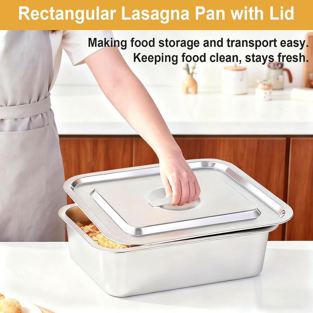 Regine Switzerland 4-Inch Deep Lasagna Pan Set - Stainless Steel Baking Pans with Lids | 7.4QT & 5.1QT Sizes