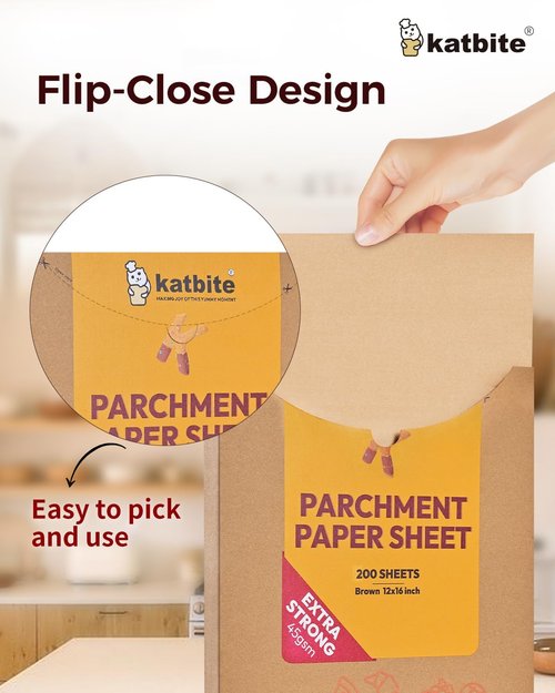 Katbite Unbleached Parchment Paper - 200 Pcs Precut 12x16 In | 15 In x 242 Ft Roll, 300 Sq.Ft for Baking
