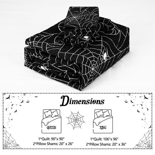 FRAMICS 3 Pieces Halloween Quilt Set King Size, Spider Web Quilt Set, Lightweight Black Quilt, Halloween Bedding Set, 106" x 96", 1 Quilt+2 Pillow Shams