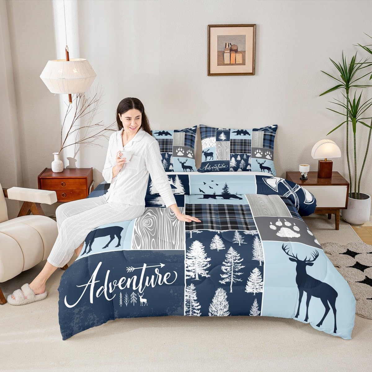 Hunting Bear Deer Duvet Sets,Christmas Buffalo Plaid Comforter Set Queen Size Rustic Cabin Patchwork Bedding Set For Kids Boys Teens Adult,Farmhouse Cowboy Woodland Quilt,2 Pillow Cases,Blue Grey