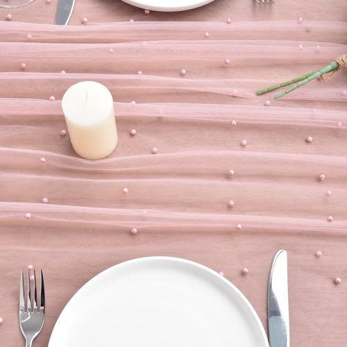 Dlpafzy Dusty Rose Pearl Table Runner Boho Rustic Tulle Lace Spring Easter Table Runner for Baby Shower Wedding Arch Decor Veil Dessert Table Decor 3pcs