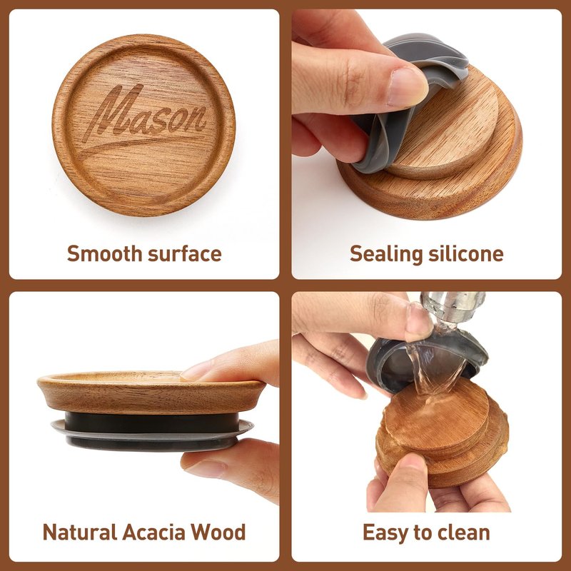 12 Pack Acacia Wood Wide Mouth Mason Jar Lids Reusable Canning Lids for Jar Tops Large Mouth Silicone Jars Accessories Decorative Glass Jar with Wooden Lid Can Cover Mason Jar Storage Organizer