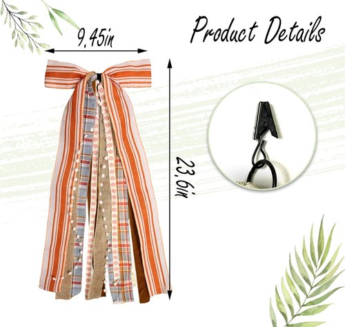 Fall Orange Stripes Wreath Bow - Pumpkin Lace Ribbon Bowknot for Thanksgiving Door Decor