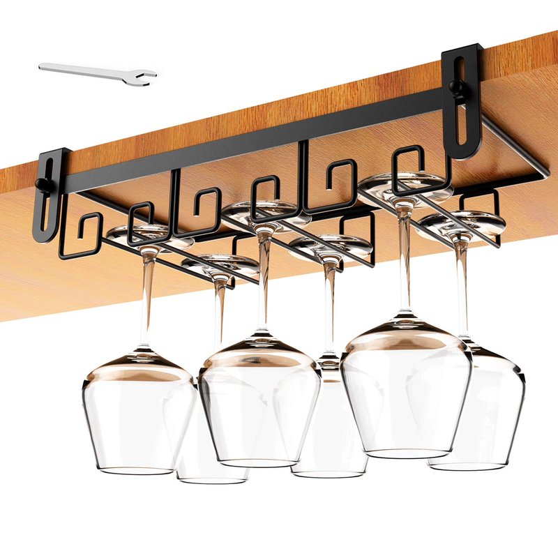 Cmecial Under Shelf Wine Glass Holder - Black, Stemware Rack for Cabinet, Holds Multiple Glasses