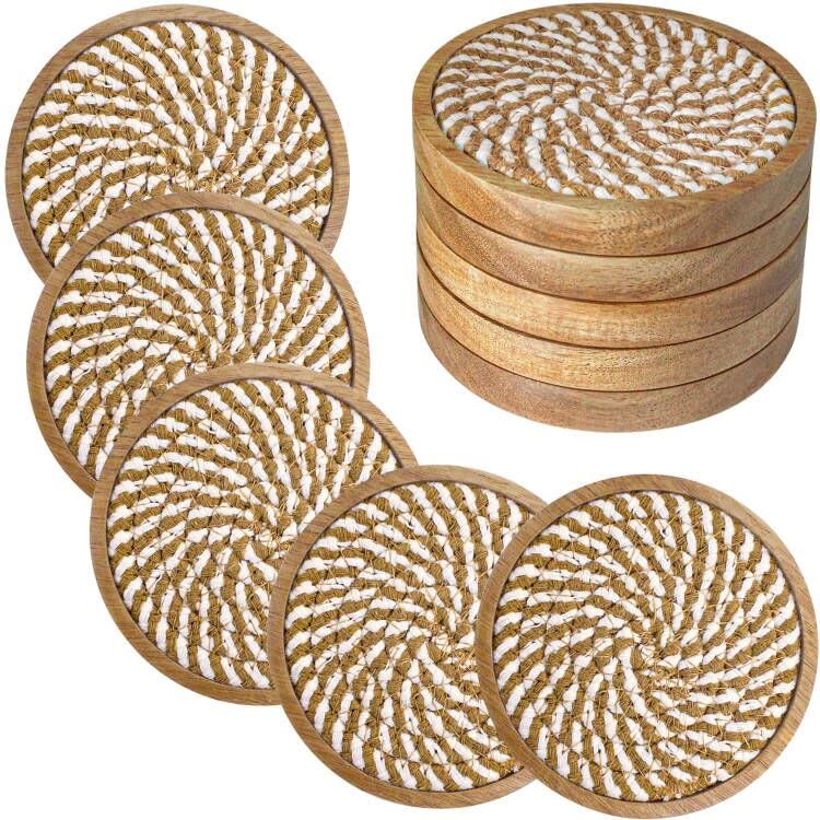 Eykao 5 Pack Woven Wooden Drink Coasters - Absorbent, 4.3-inch, Farmhouse Brown & White Variation
