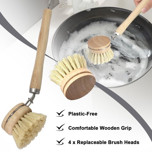 HARSKIYER Wooden Dish Brush Set, 4 Natural Bristle Replacement Heads with 1 Sturdy Wooden Handle, Sisal Kitchen Scrub Brush for Pots, Pans, Vegetables and Cookware