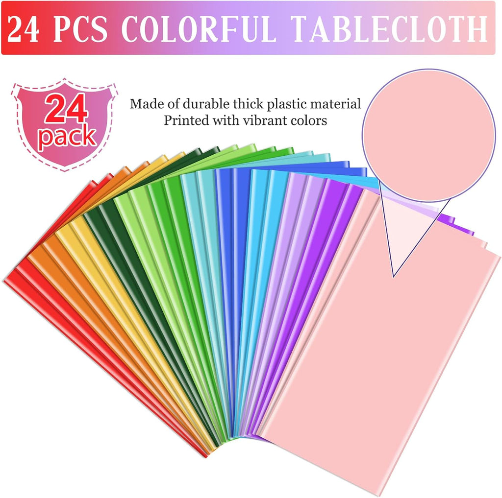Skiennix 24 Pack Disposable Plastic Tablecloths - Colorful Rainbow Rectangle Covers | 54 x 108 Inch for Parties