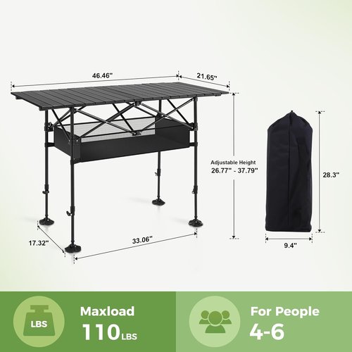 LET'S CAMP Portable Aluminum Folding Camping Table - Adjustable Height, Large Storage & Carrying Bag for Outdoor Activities