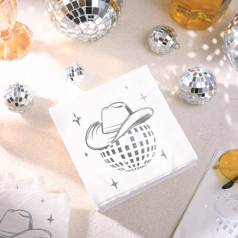 Ctosree 100 Pack Disco cowgirl Napkins 70s 80s 90s Disco Party Decorations Western Cowgirl Stylish Silver Napkins for Birthday Bachelorette Wedding (White)
