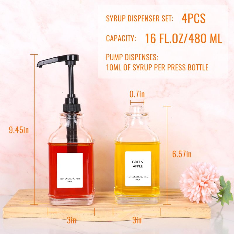 SZUAH 16oz Coffee Syrup Dispenser with Pumps 4pack(480ml), Leak-Proof Syrup Dispensers for Coffee Bar, Kitchen and Commercial Use with Stickers