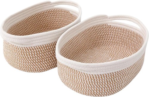 JMvicyroam Woven Storage Baskets - Small Rope Bins with Handles for Organizing Shelves | 2-Pack in White & Brown