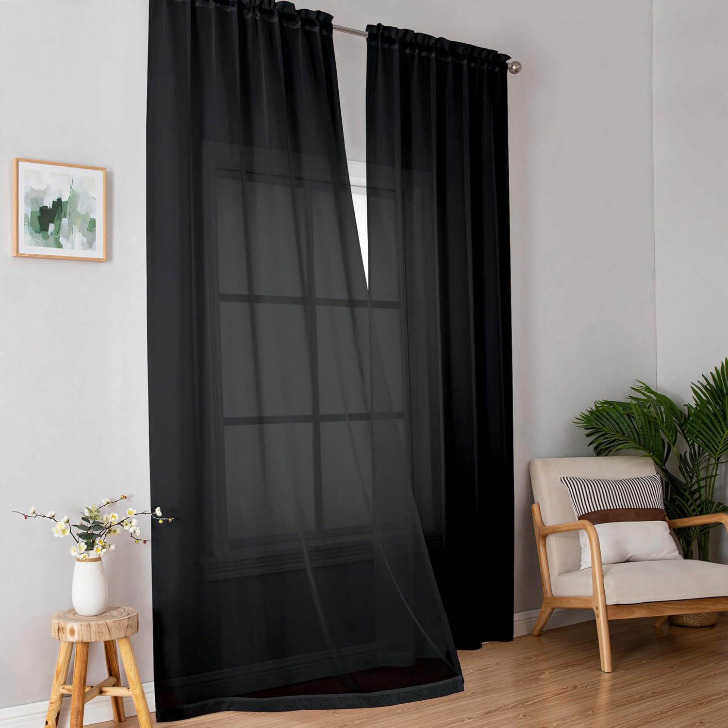 Simplebrand Black Sheer Curtains - Elegant Light Filtering Rod Pocket Panels | 84" Long, 42" W (Set of 2)