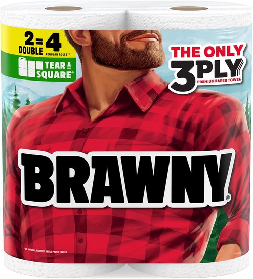 Brawny 3-Ply Paper Towels - Strong, Absorbent, Durable | 2 Double Rolls = 4 Regular Rolls