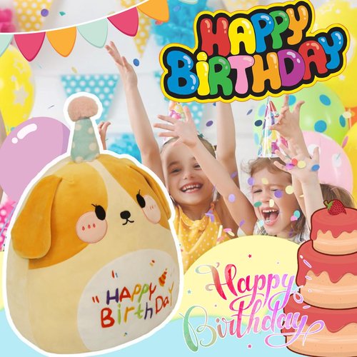 ARELUX Jumbo 18in Cute Dog Cuddle Plush Soft Stuffed Animal Large Birthday Pillow Kids Huggable Puppy Plushie Toy Big Size Happy Birthday Party Decoration Plushies Gift for Friends Boys Girls Yellow