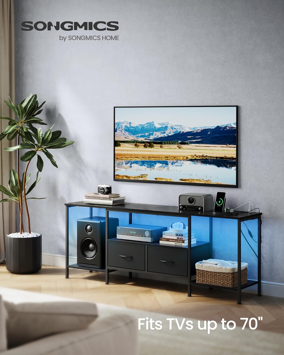 SONGMICS TV Stand - Modern Entertainment Center with Power Outlets & Lights for TVs Up to 70 Inches - Ink Black
