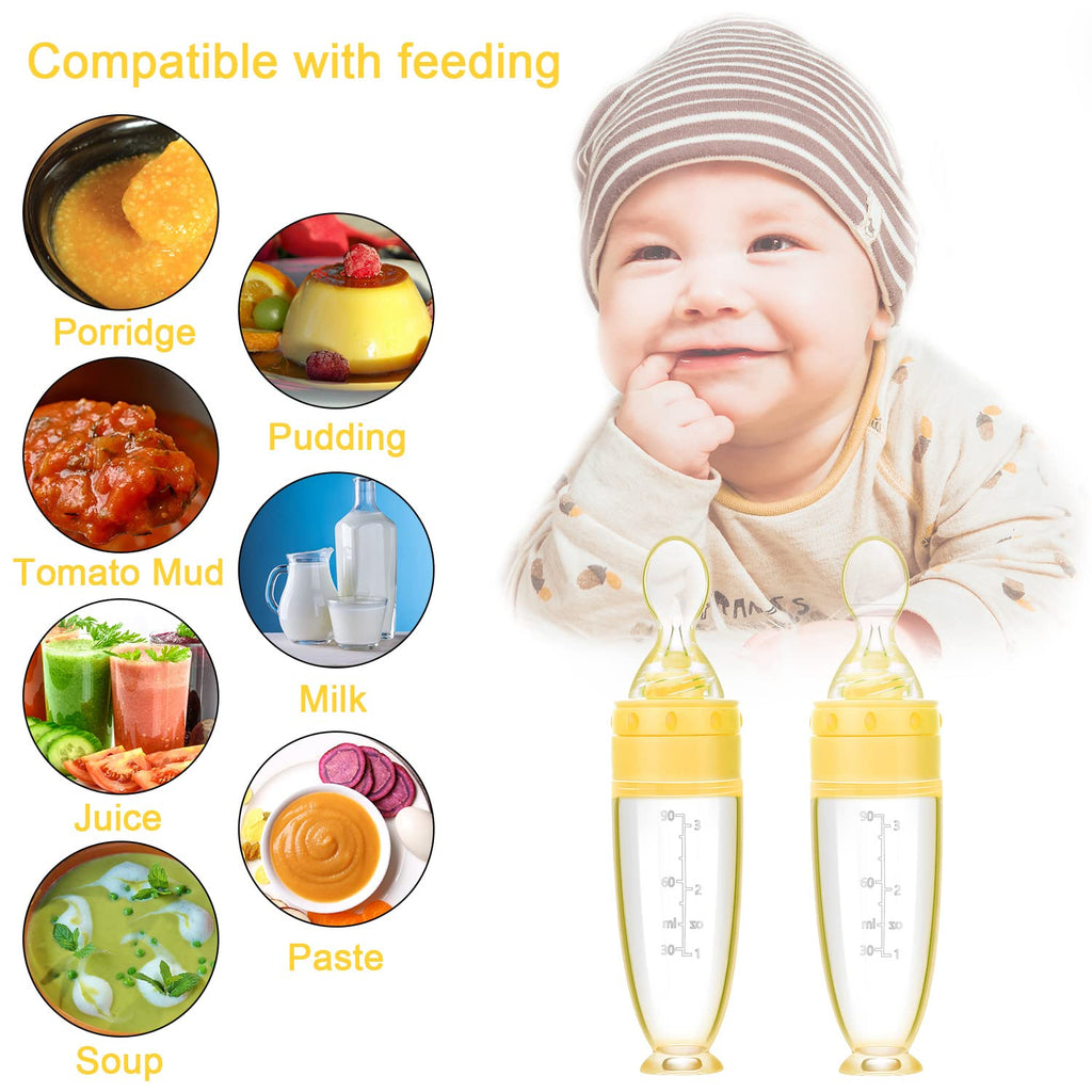 2 Pieces Silicone Baby Spoons Baby Feeding Spoon with Standing Base for Infant 0-24 Months Dispensing and Feeding (Yellow)