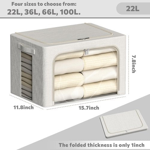 FHSQX 6 Pack Clothes Storage Bins with Metal Frame Foldable Storage Bins for Clothes Linen Fabric Storage Box with Clear Window (Lvory White, 15.7x11.8x7.8inch(22L))