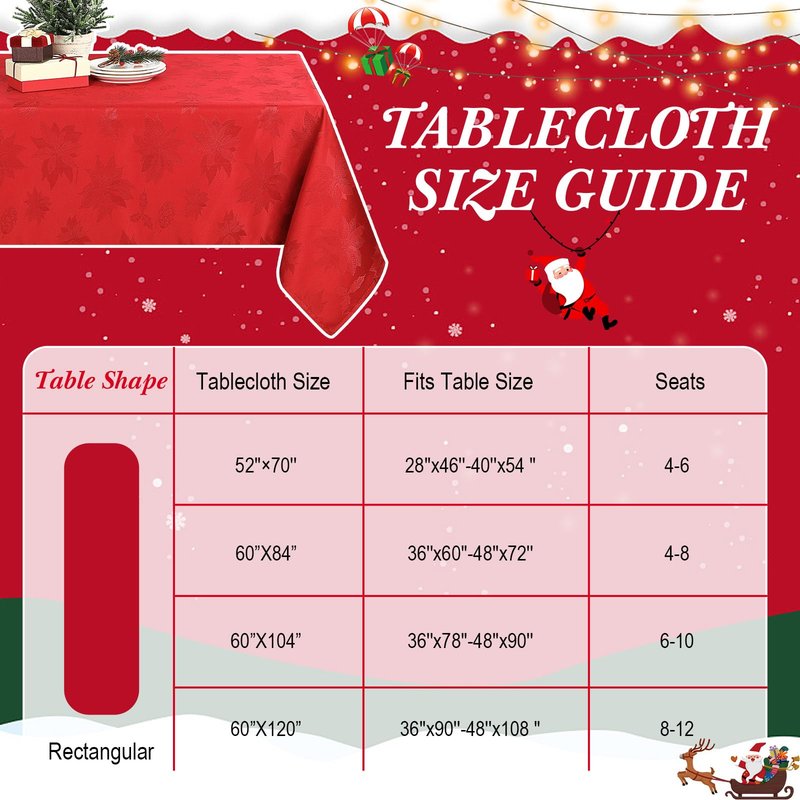 Tegeme Christmas Poinsettia Red Tablecloth Rectangular Reusable Holiday Damask Fabric Table Cloth Jacquard Washable Polyester Spillproof Table Cover for Dinner Xmas Decor(60 x 104 Inch)