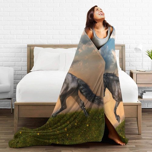 Horse Blanket Galloping Running Horse Soft Decorative Flannel Throw Blanket Lightweight Cozy Fuzzy Blanket for Couch, Bed and Chair-60''x50''