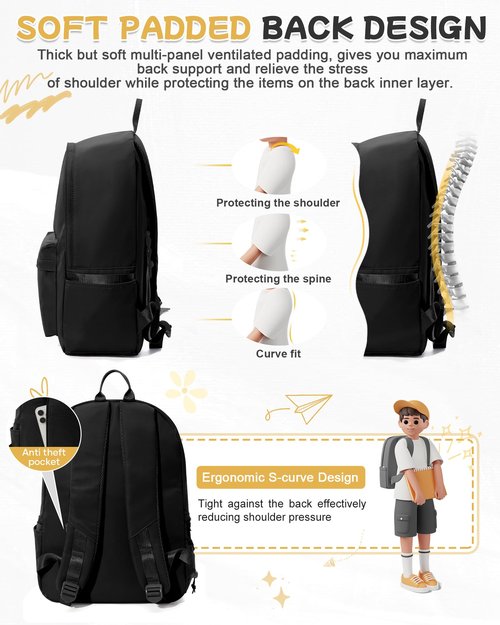BJLFS Small Black School Backpack for Girls Women Waterproof High School Book Bag Cute Backpack for Men Teens Boys, Lightweight Simple Middle School Back Pack Daypack Gift