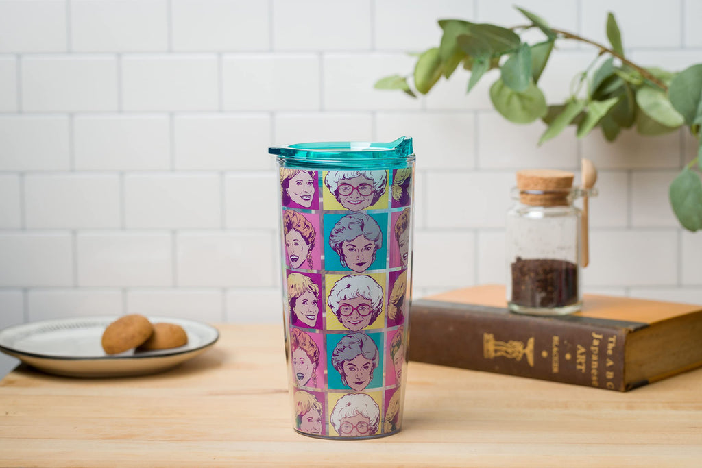 Silver Buffalo Golden Girls Character Grid Featuring Dorothy, Blanche, Rose, and Sophia Double Wall Travel Tumbler with Slide Close Lid, 20 Ounces