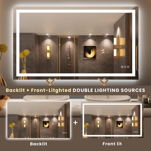 LOAAO LED Bathroom Mirror - 50" x 30" Dimmable, Anti-Fog, Backlit & Front Lit with Memory Function
