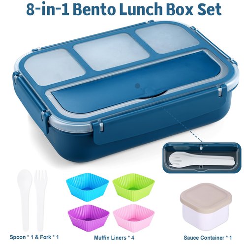 shell and turtle Bento Box Adult Lunch Box, Kids Lunch Containers for School with 4 Compartments, with Utensils, Sauce Jar, Muffin Liners, Microwave Safe, Navy