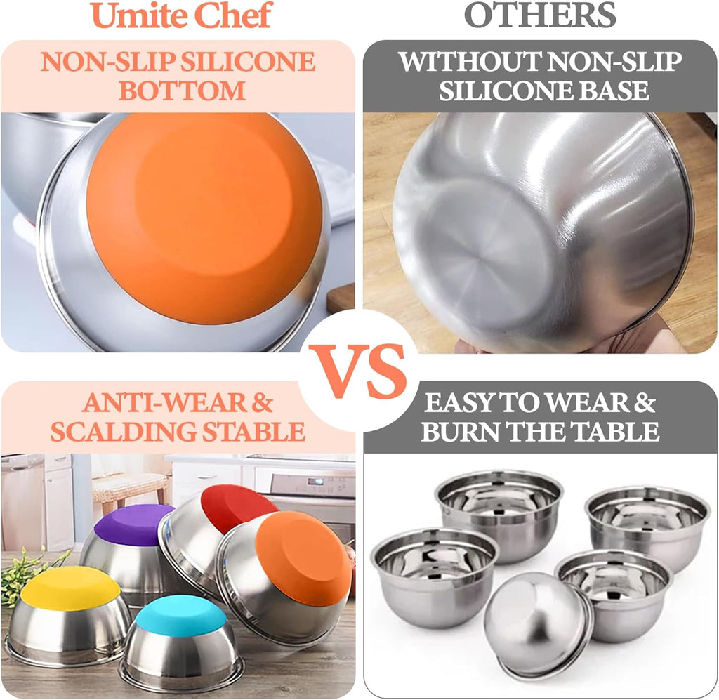 Umite Chef Mixing Bowls Set - 8PCS Stainless Steel with Airtight Lids & Non-Slip Bottoms | Includes Grater Attachments, 1.5QT to 5QT