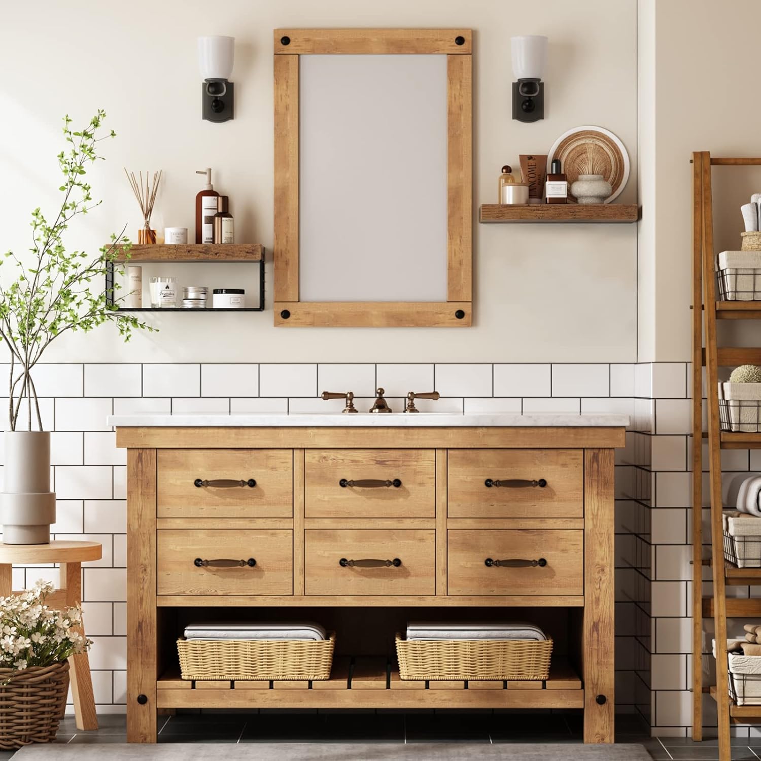 QEEIG Bathroom Shelves Over Toilet - Rustic Brown Wall-Mounted Floating Shelves | Set of 2, 16 Inch Storage Solution