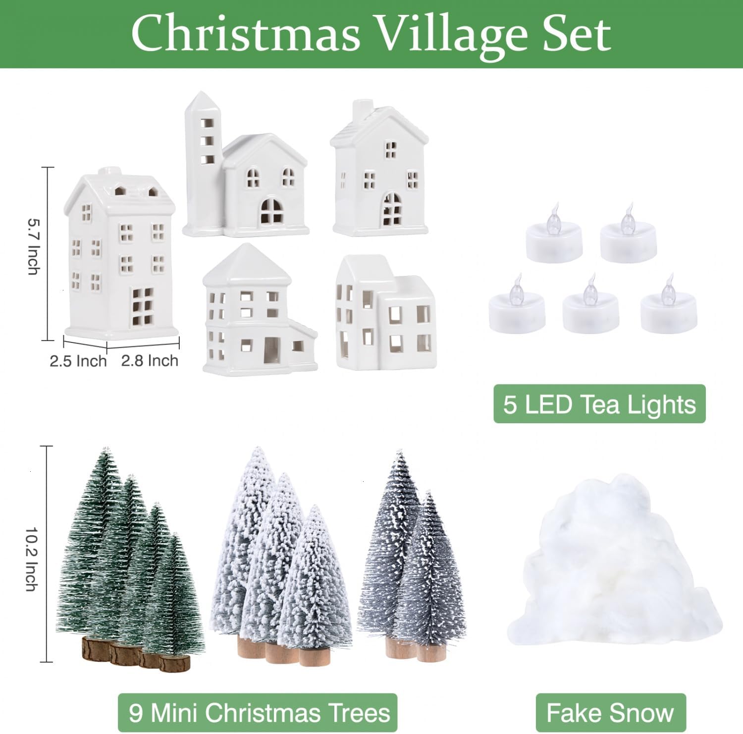 Regine Switzerland Ceramic Christmas Village Houses - 5 White Houses & 9 Trees with Fake Snow | Festive Indoor Decor for Home Table & Fireplace